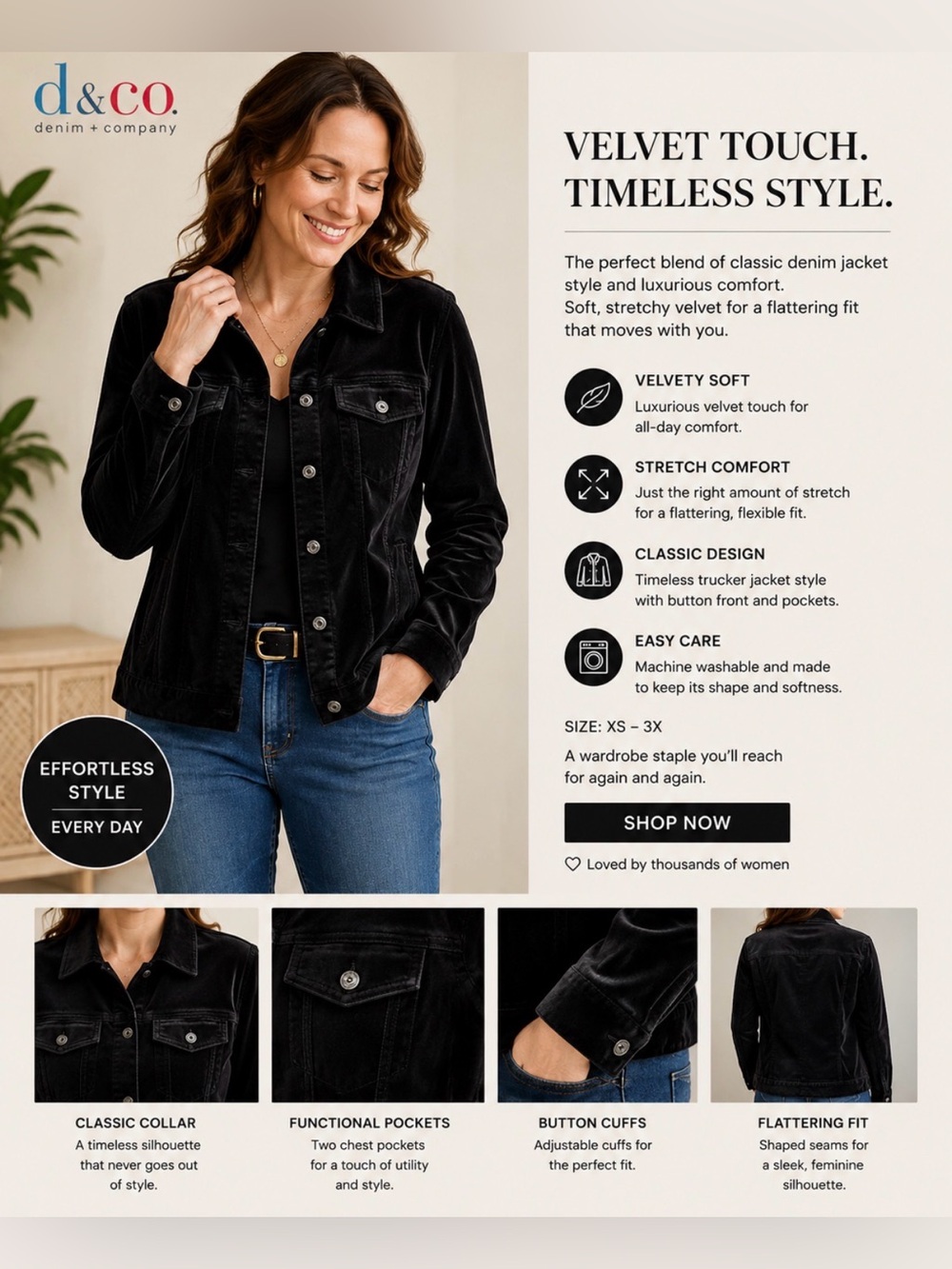 Denim&Co Black Velvety stretch Jacket xsNWT